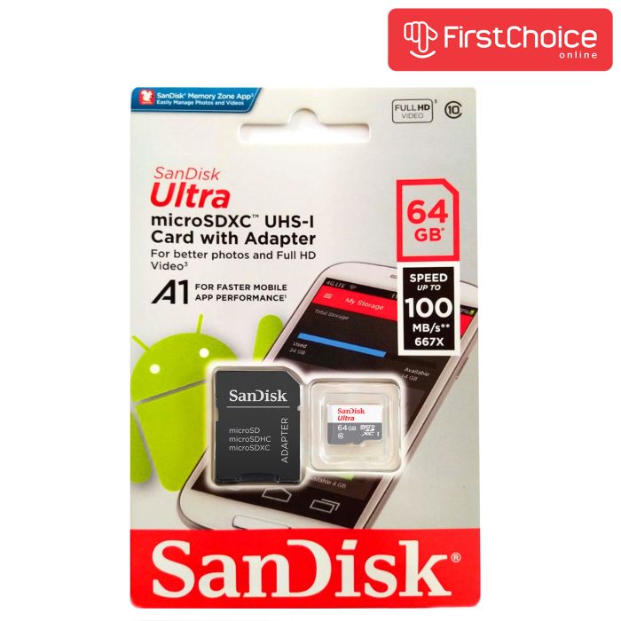 SDXC SANDISK MICRO 64GB ULTRA, 100MB/s, UHS-I, C10, adapter