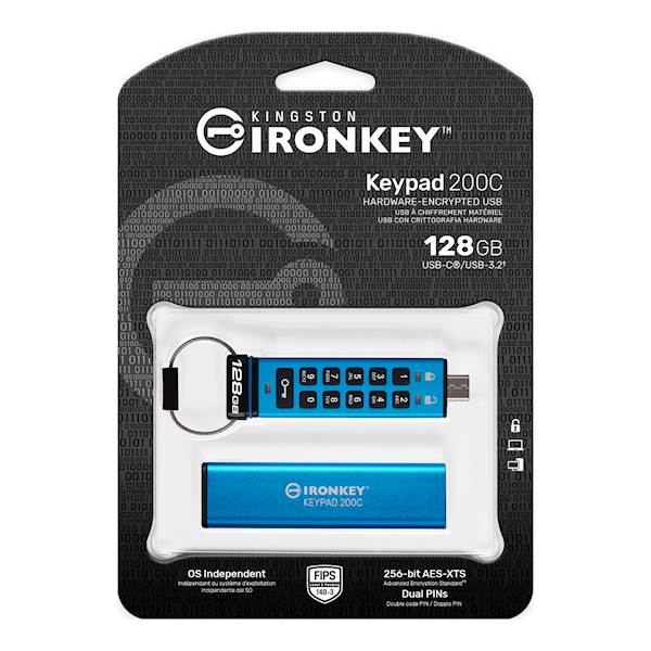 USB disk Kingston Ironkey 128GB Keypad 200C, USB-C 3.2, FIPS 140-3 Level 3, AES-256 bit, PIN