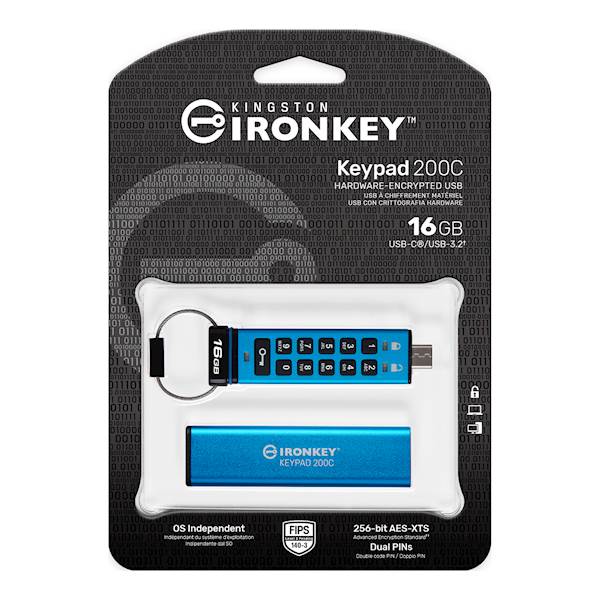 USB disk Kingston Ironkey 16GB Keypad 200C, USB-C 3.2, FIPS 140-3 Level 3, AES-256 bit, PIN