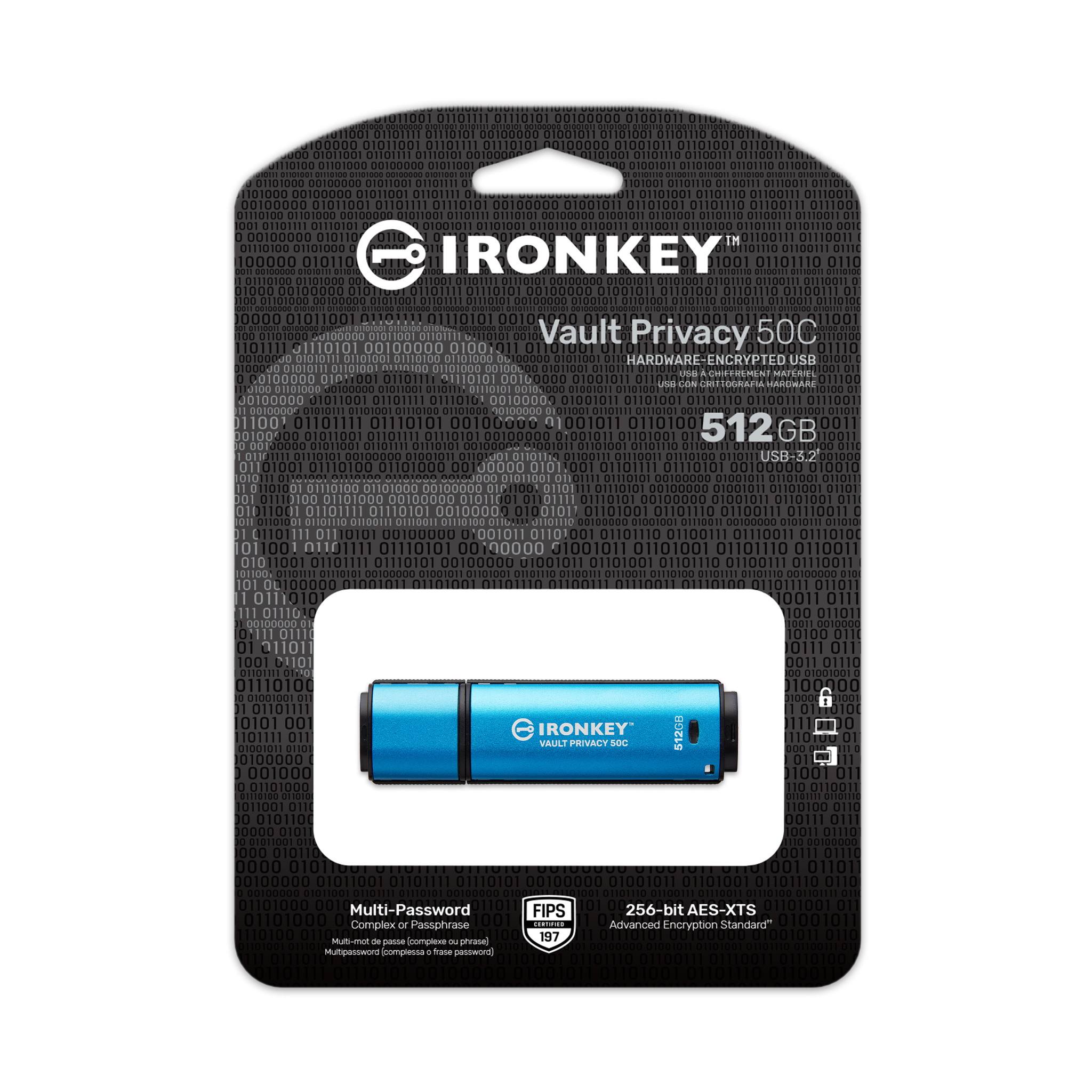 USB disk Kingston Ironkey 512GB Vault Privacy 50C, 3.2 Gen1 C, kovinski, strojna zaščita, FIPS 197