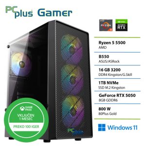 PCPLUS Gamer Ryzen 5 5500 16GB 1TB SSD RTX 5050 8GB Windows 11 Home + Xbox GP gaming namizni računalnik