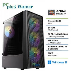 PCPLUS Gamer Ryzen 5 7600 32GB 1TB SSD Radeon RX 9060XT 8GB Windows 11 Home gaming namizni računalnik