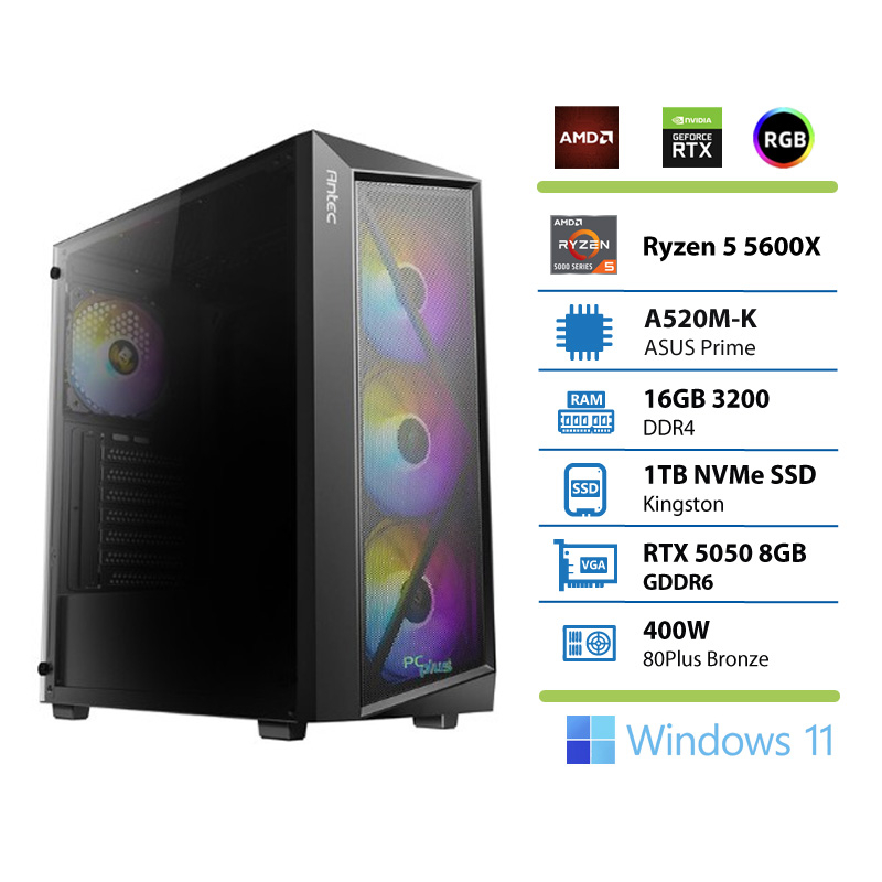 PCPLUS Gamer Ryzen 5 5600X 16GB 1TB RTX 5050 OC 8GB Windows 11 Home gaming namizni računalnik